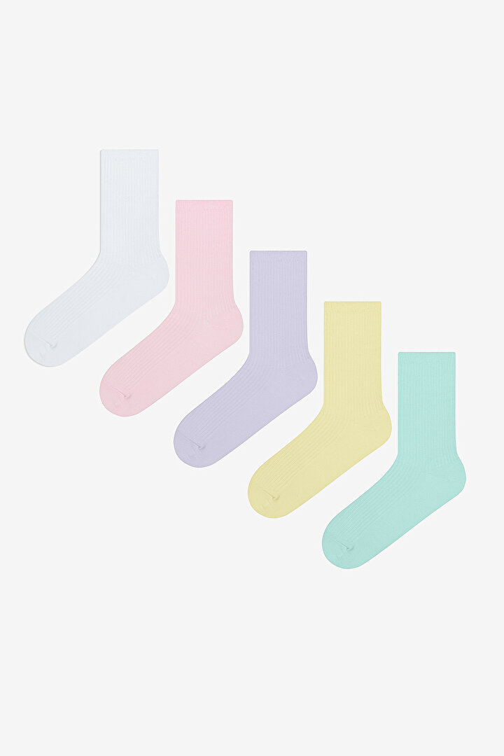 Colorful Rib White Pink 5in1 Socket Socks - 1
