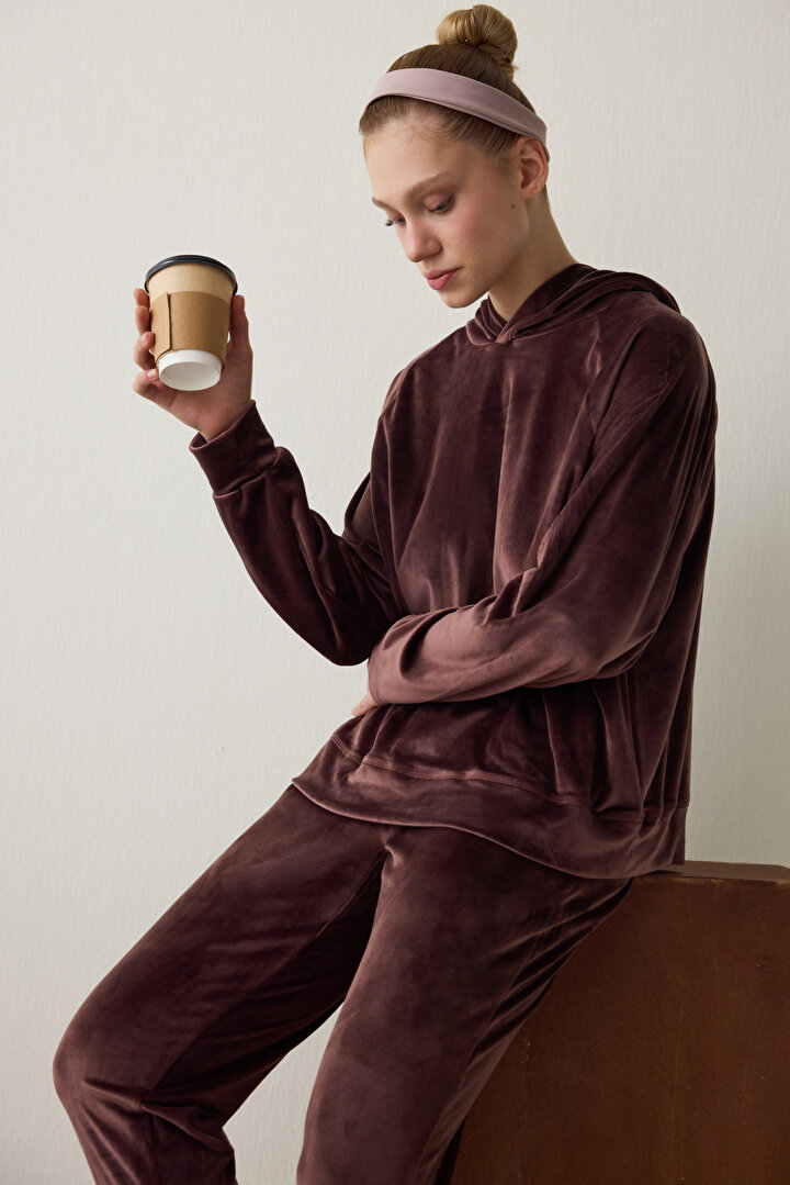 Brown Soft Velvet Warm Hooded Sweatshirt - 1