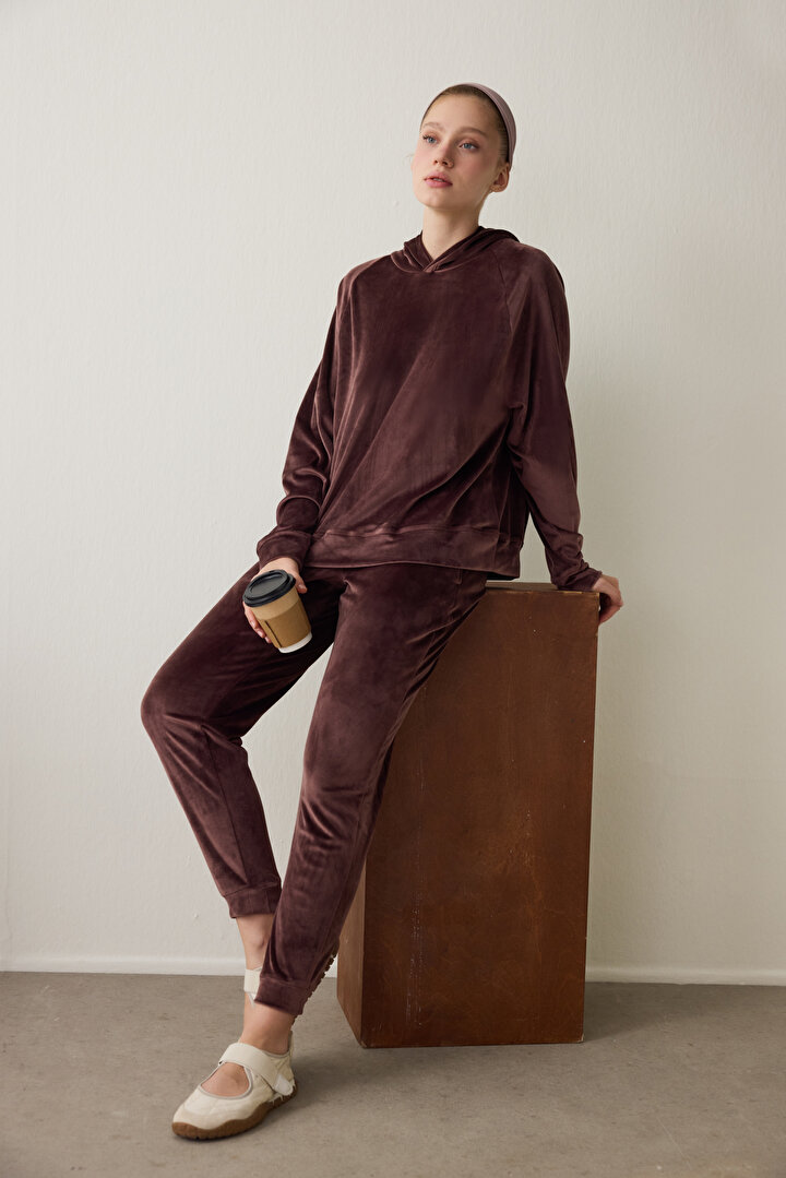 Brown Soft Velvet Warm Hooded Sweatshirt - 2