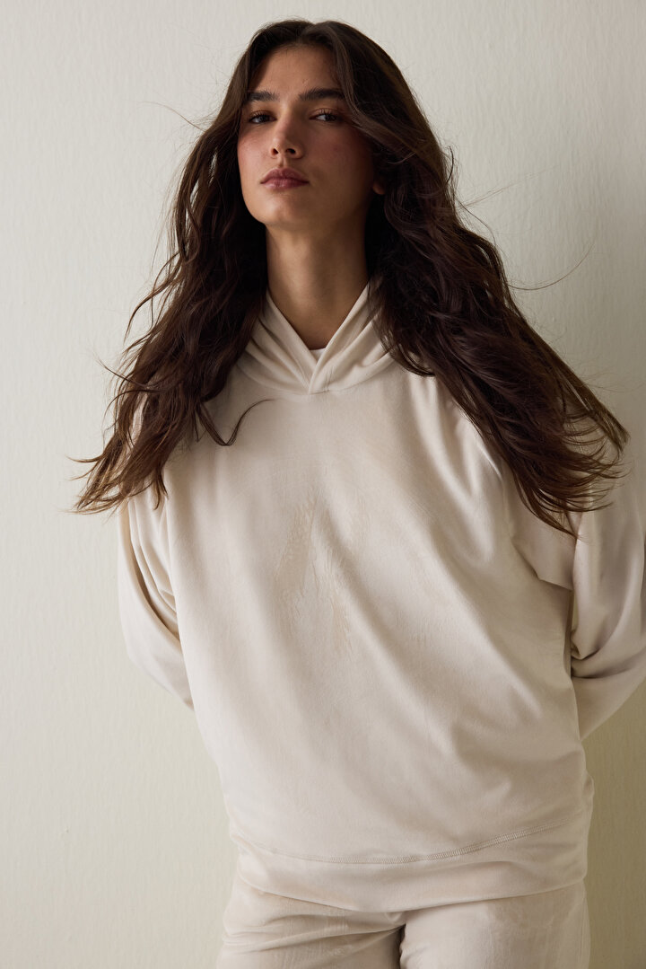 Bej Yumuşak Kadife Sıcak Tutan Kapüşonlu Sweatshirt - 1