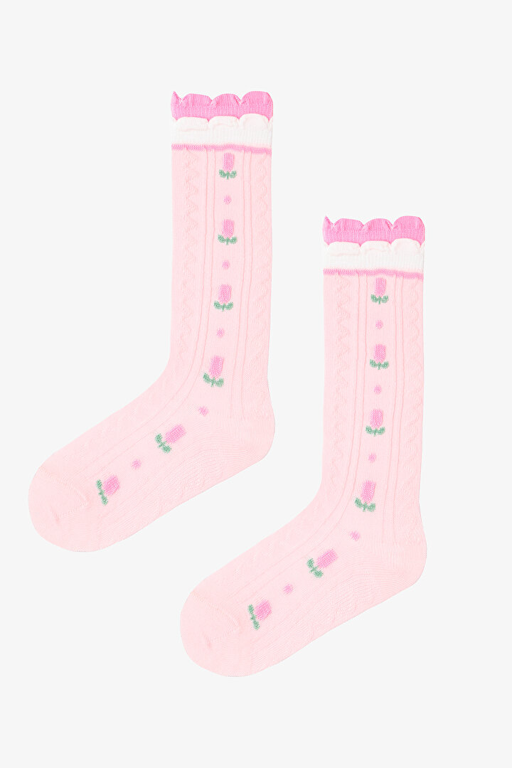 Light Pink Girl's Rosy Floral Patterned Cotton Pant Socks - 1