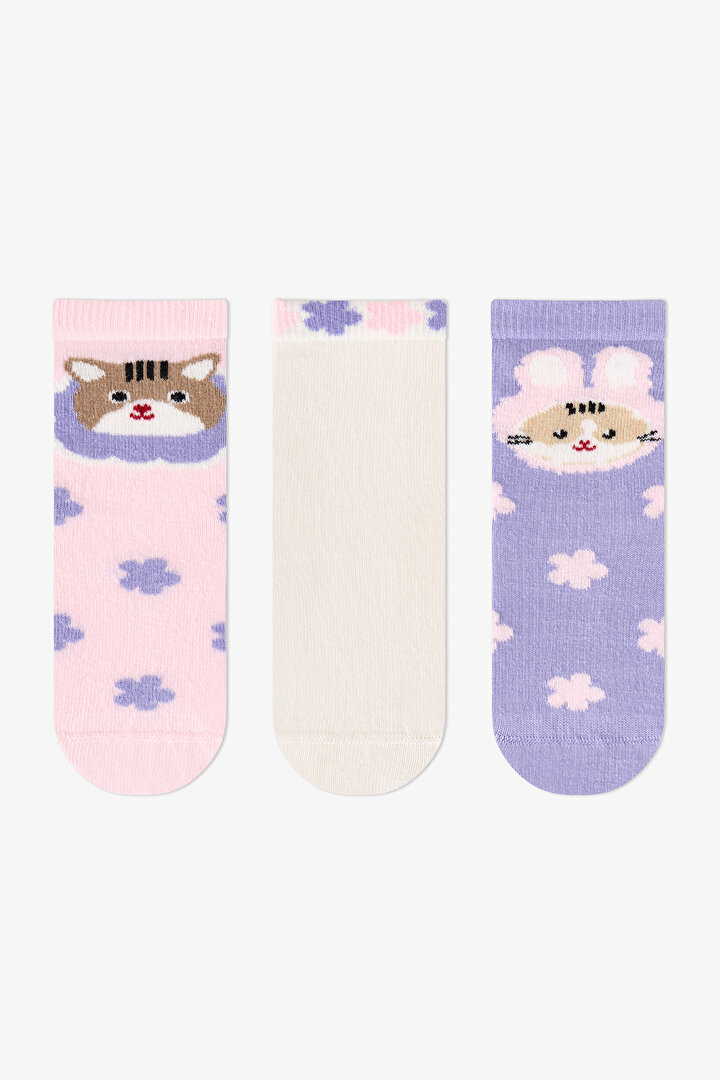 Kız Çocuk Pembe Feel Better Kedi Desenli Pamuklu 3 Çift Soket Çorap - 1