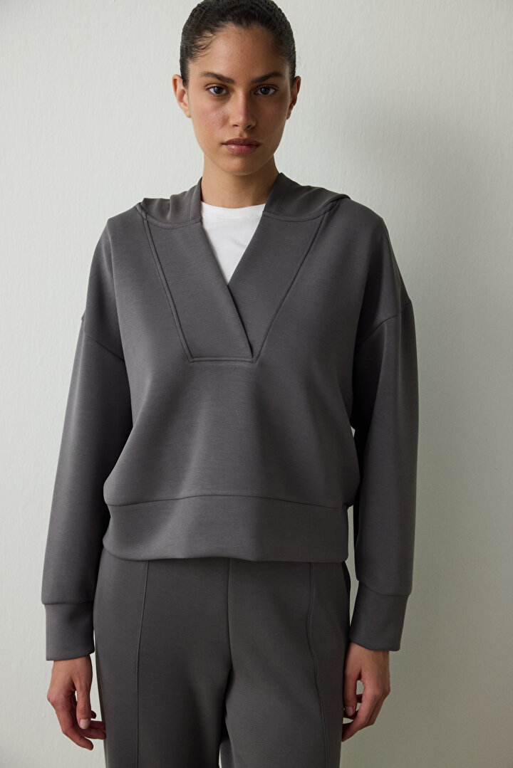 Antrasit Kapüşonlu Modal Crop Sweatshirt - 1