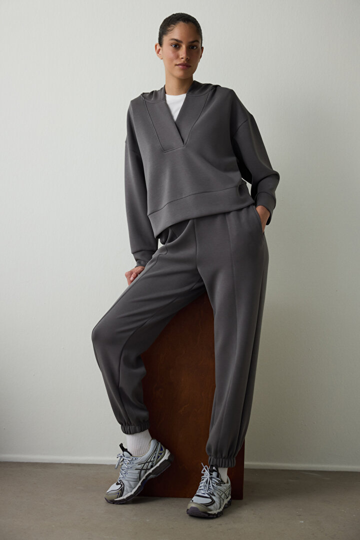 Antrasit Kapüşonlu Modal Crop Sweatshirt - 2