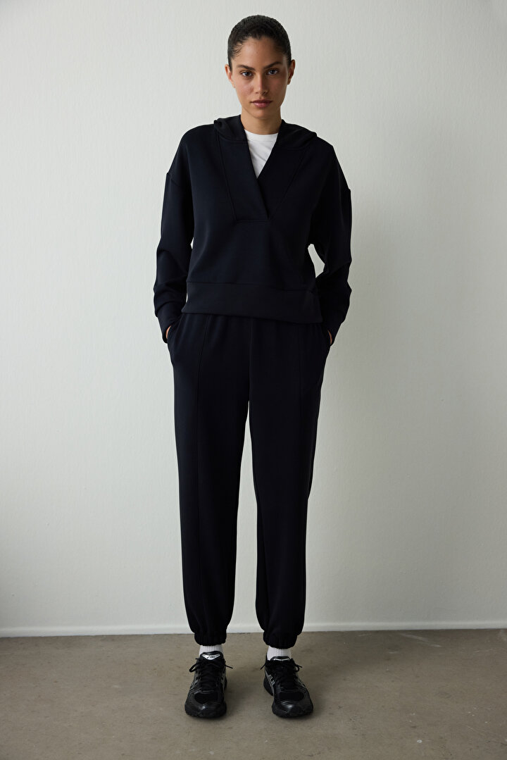 Siyah Kapüşonlu Modal Crop Sweatshirt - 2