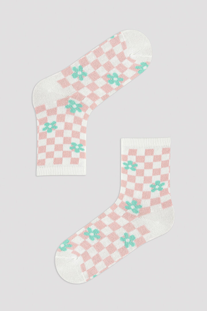 Kız Çocuk Çiçekli Kareli 3lü Soket Çorap - 2