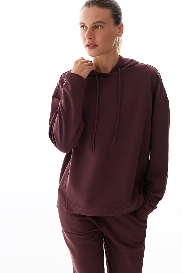Kahverengi Oversize Plain Uzun Kollu Sweatshirt - 1
