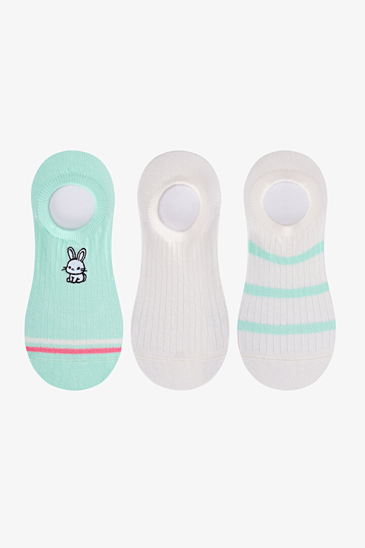 3 Çift Burun Dikişsiz Pamuklu Renkli Tavşan Nakışlı Sneaker Çorap - 1