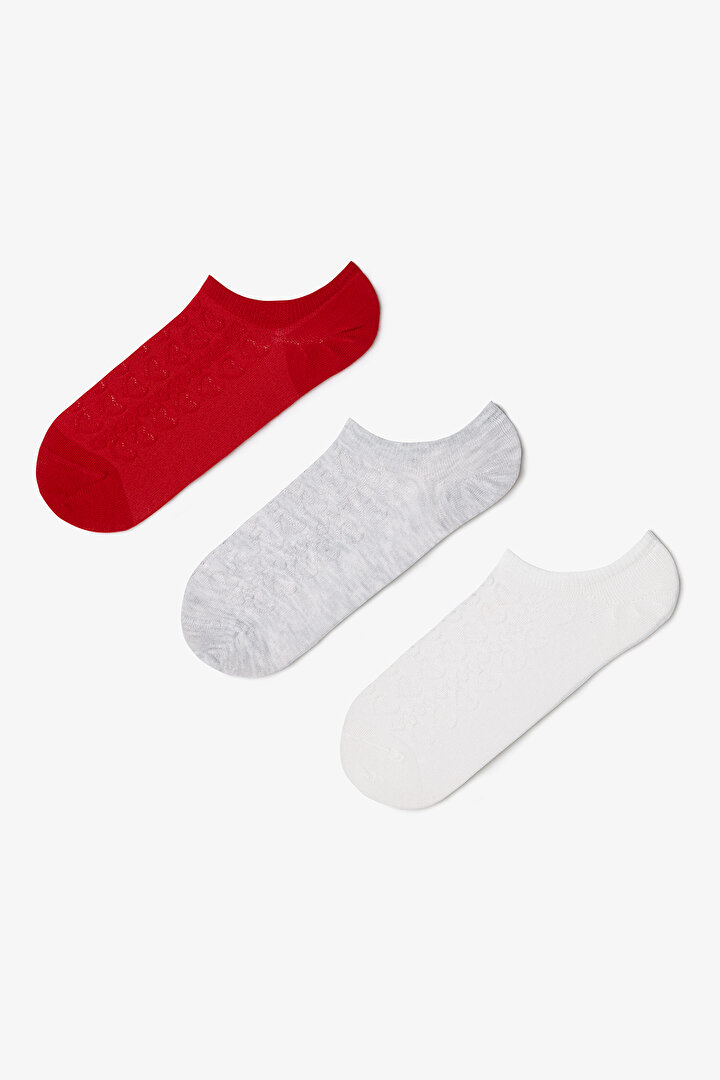 3 Çift Pamuklu Kendinden Kalp Desenli Sneaker Çorap - 1
