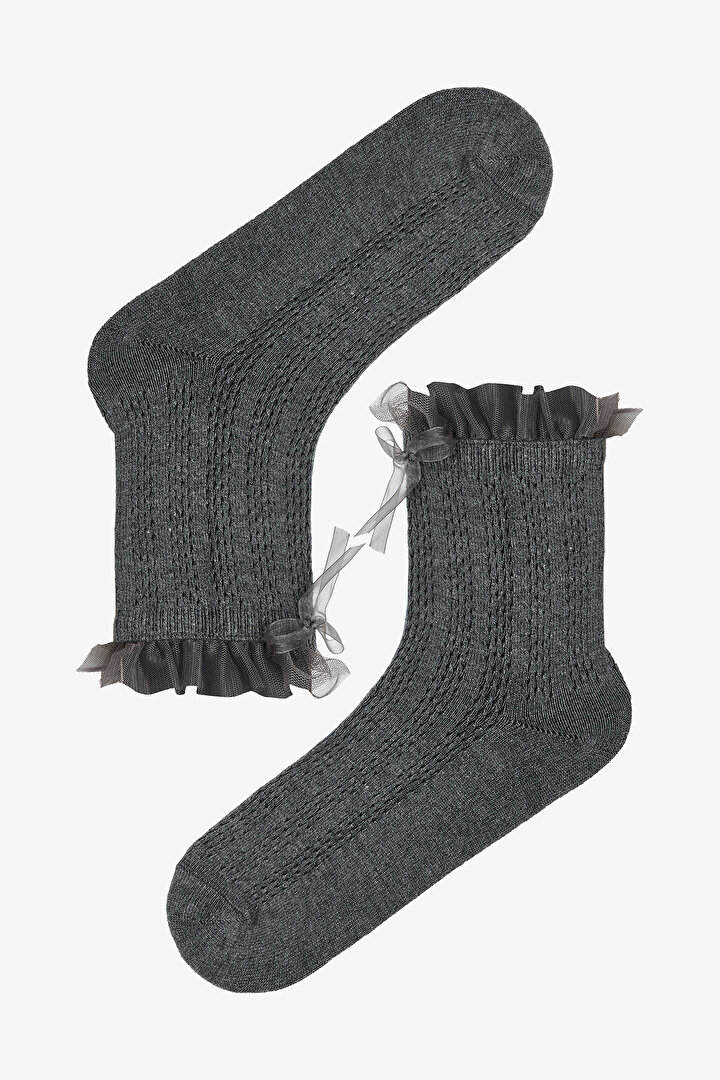 Pamuklu Bilek Kısmı Kurdele Detaylı ve Tül Fırfırlı Soket Çorap - 1