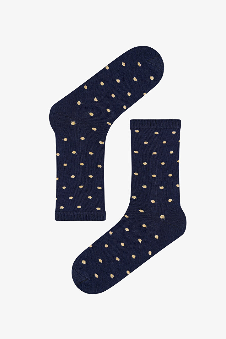 Lacivert Gri Melanj Gold Dotty Puantiye Desenli Pamuklu Simli 3 Çift Soket Çorap - 2