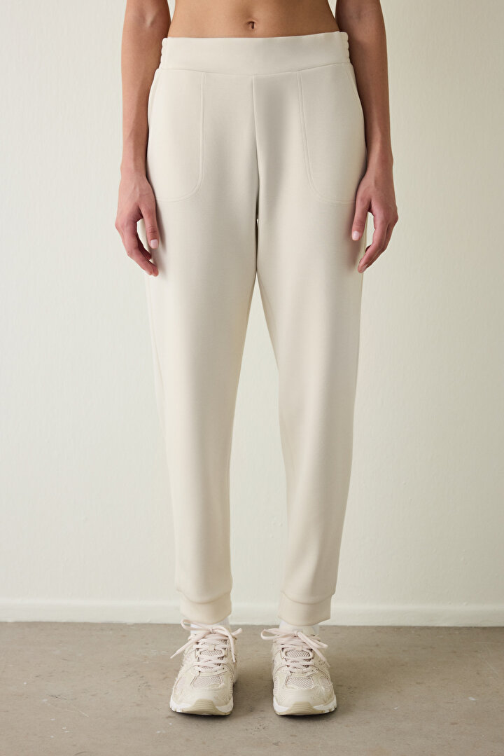 Beige Silky Feel Pocketed Tie Detailed Normal Waist Jogger Sweatpants - 1