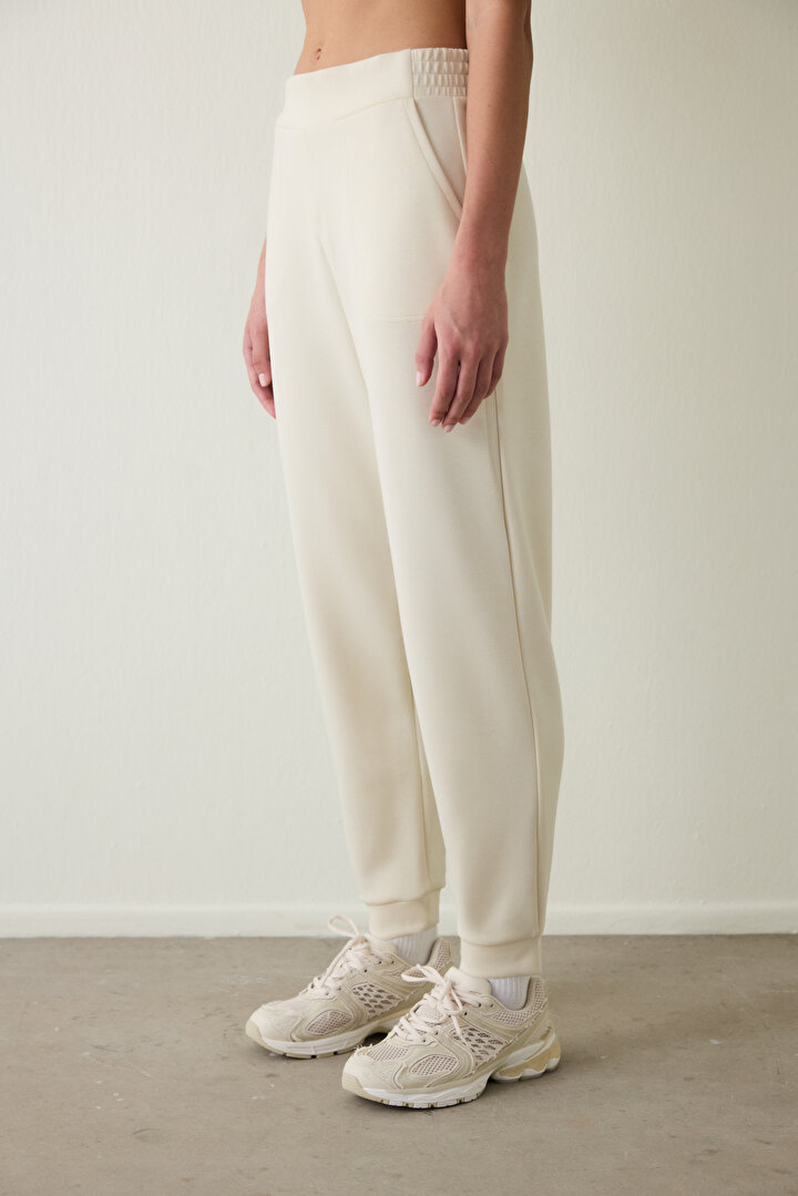 Beige Silky Feel Pocketed Tie Detailed Normal Waist Jogger Sweatpants - 2