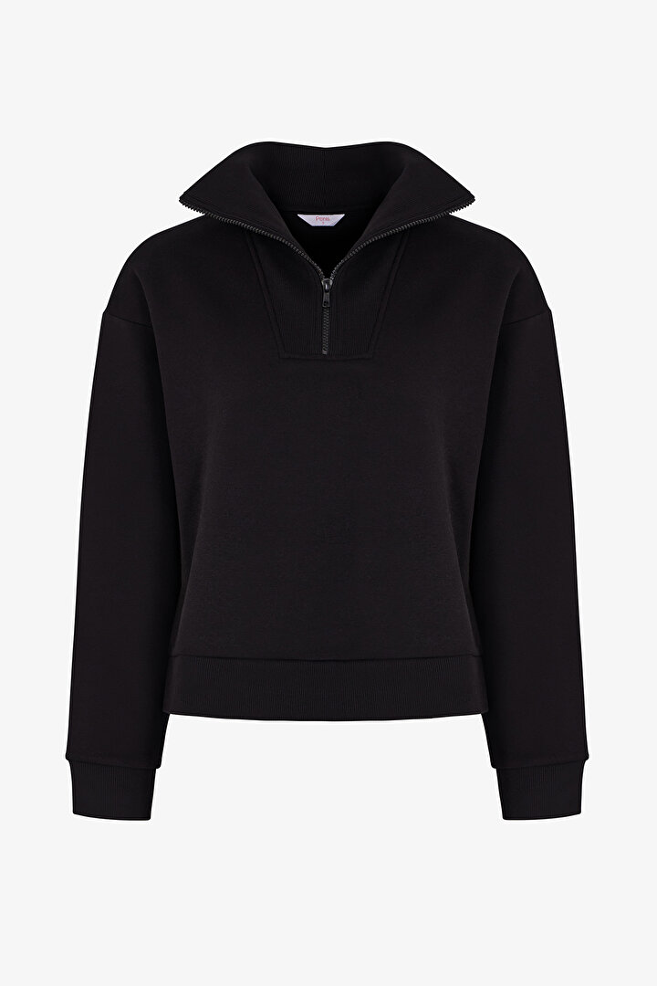 Siyah Yarım Fermuarlı Şardonlu Fitilli Uzun Kollu Sweatshirt - 1