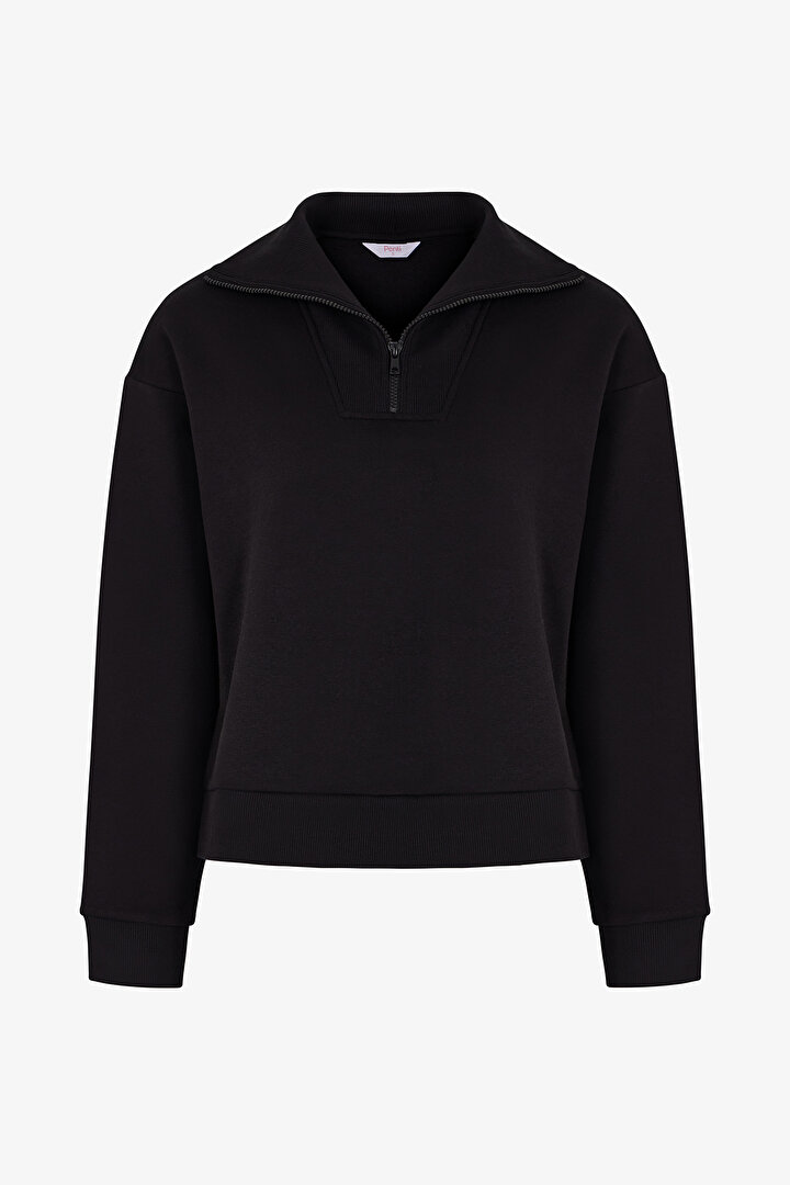 Siyah Yarım Fermuarlı Şardonlu Fitilli Uzun Kollu Sweatshirt - 2