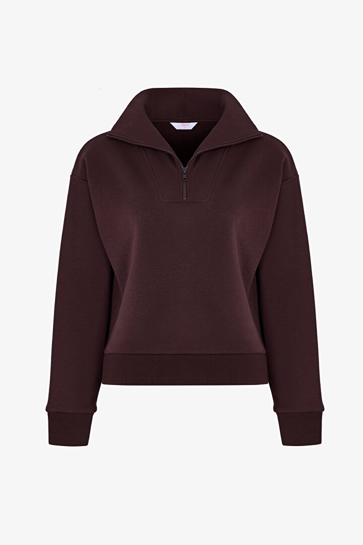 Koyu Bordo Yarım Fermuarlı Şardonlu Sweatshirt - 1