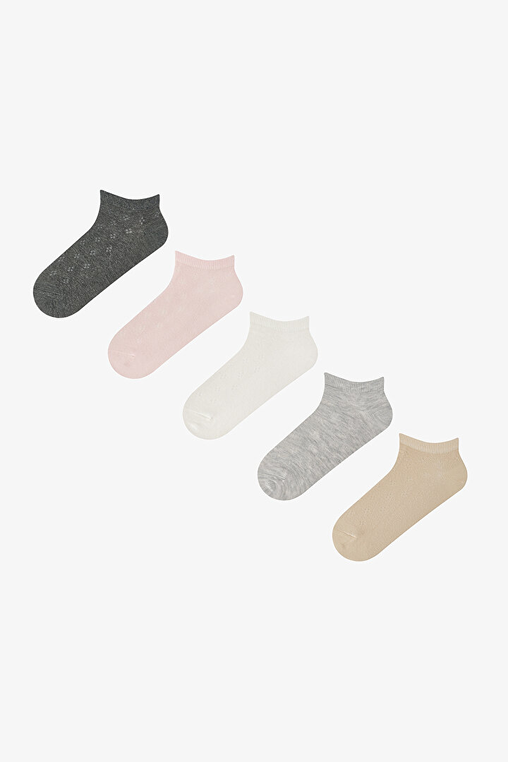 5 Çift Pamuklu Kendinden Desenli Patik Çorap - 1