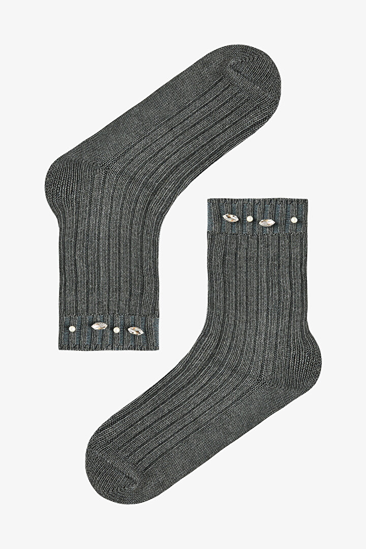 İnci ve Taş Detaylı Kalın Soket Çorap - 1