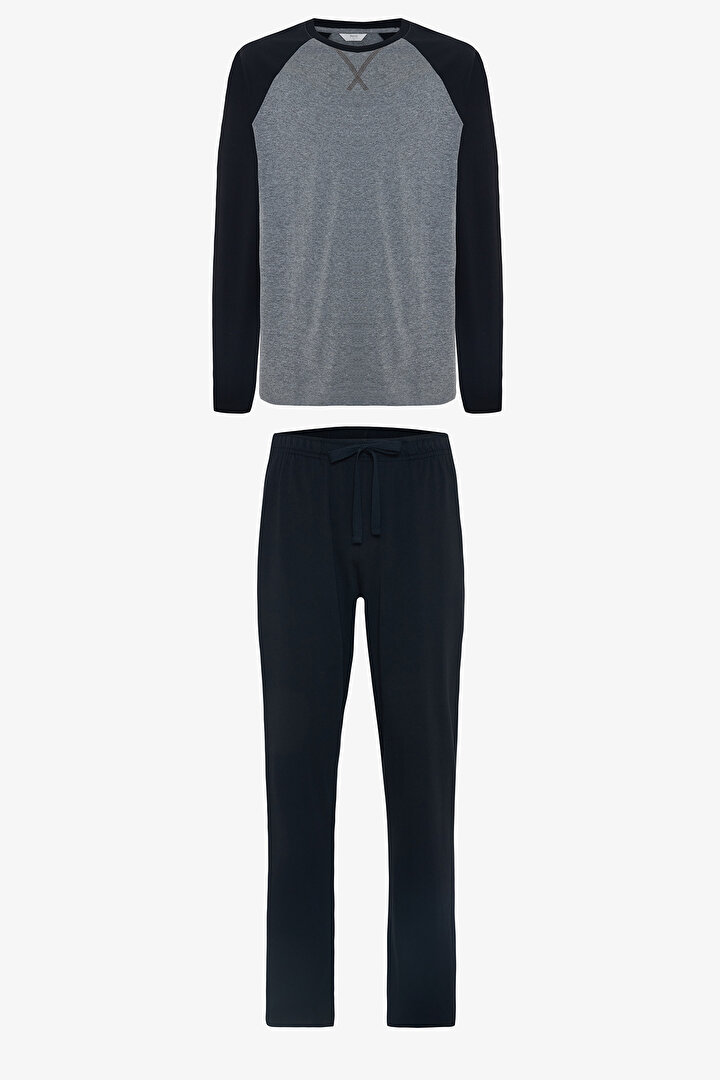 Navy Blue Man Long Sleeve Pajama Set - 1