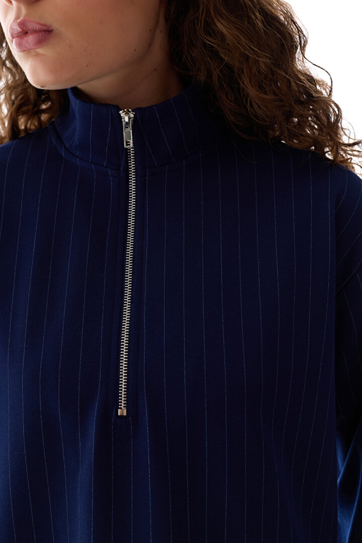 Lacivert Yarım Fermuarlı Çizgili Sweatshirt - 2