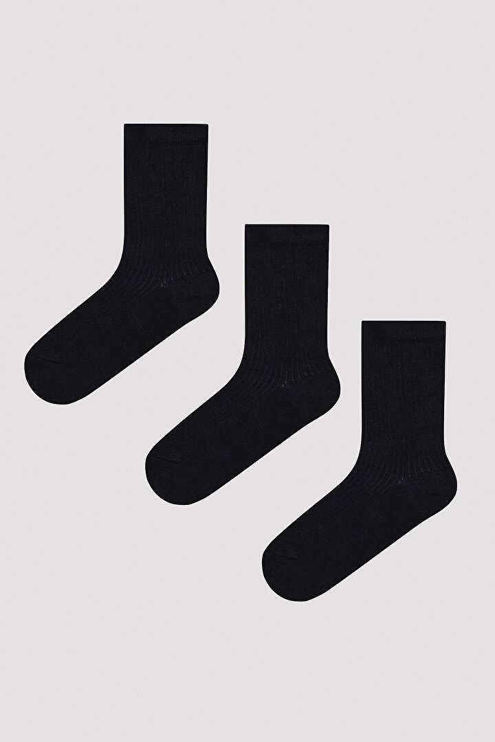 Basic Rib Siyah 3lü Soket Çorap - 1