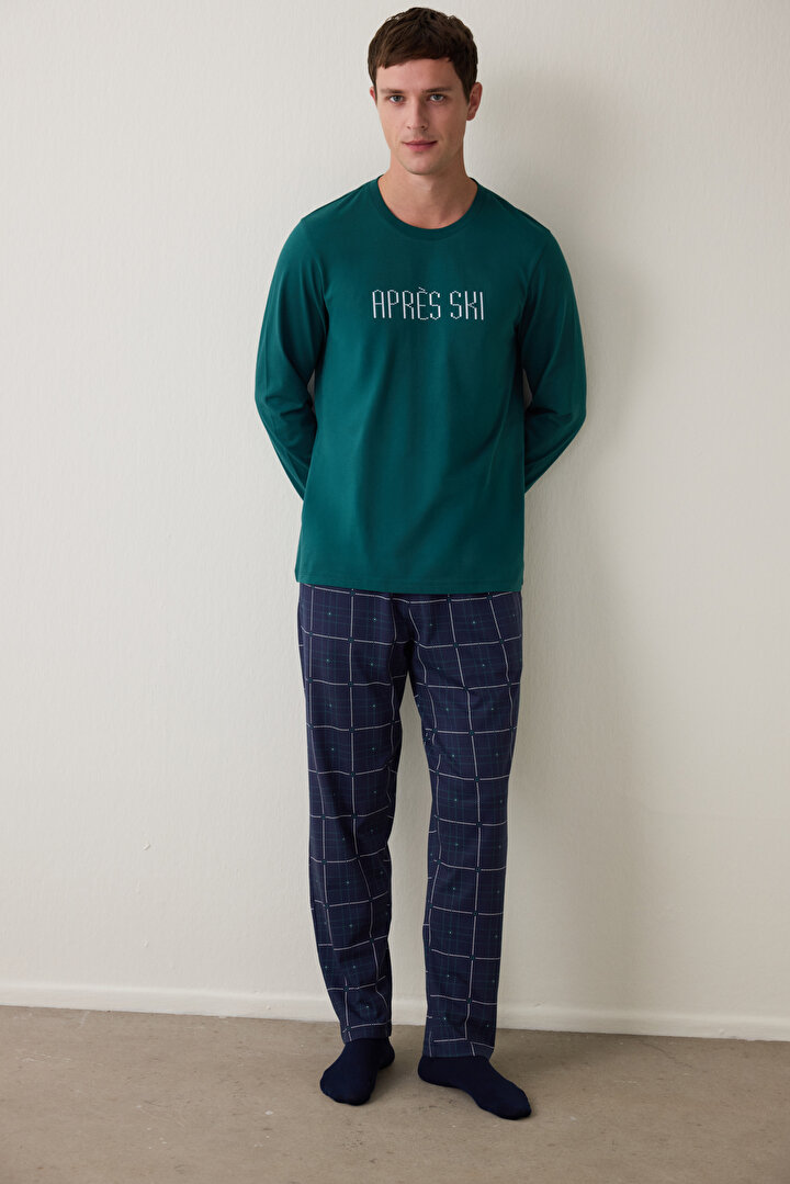 Yeşil Erkek Ski Ekoseli Bisiklet Yaka Pijama Takımı - 1