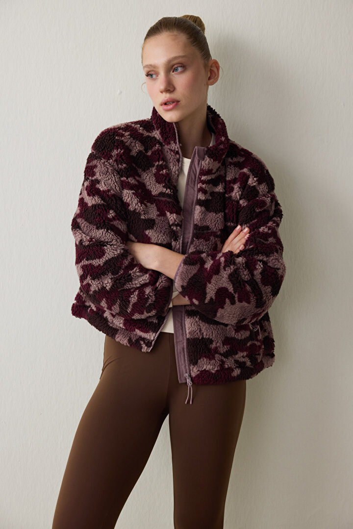 Bordo Termal Etkili Kamuflaj Desenli Fermuarlı Dik Yaka Ceket - 1