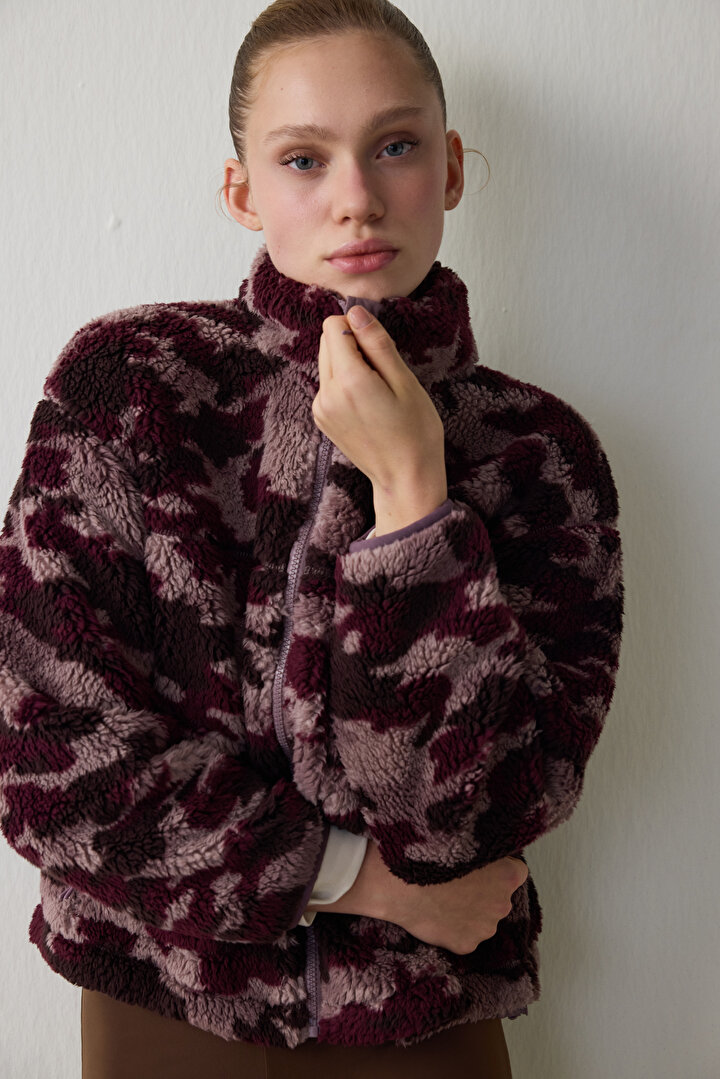 Bordo Termal Etkili Kamuflaj Desenli Fermuarlı Dik Yaka Ceket - 2