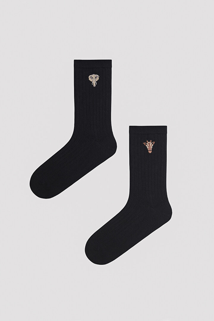 Hayvan Baskılı Siyah 2li Soket Çorap - 1