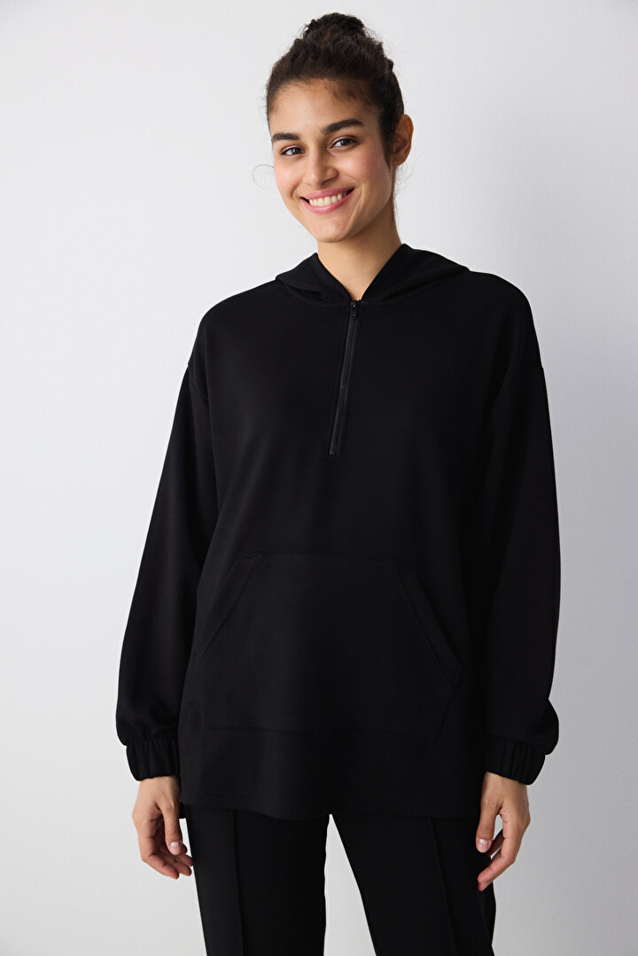 Silky Feel Zipped Black Sweatshirt - 1