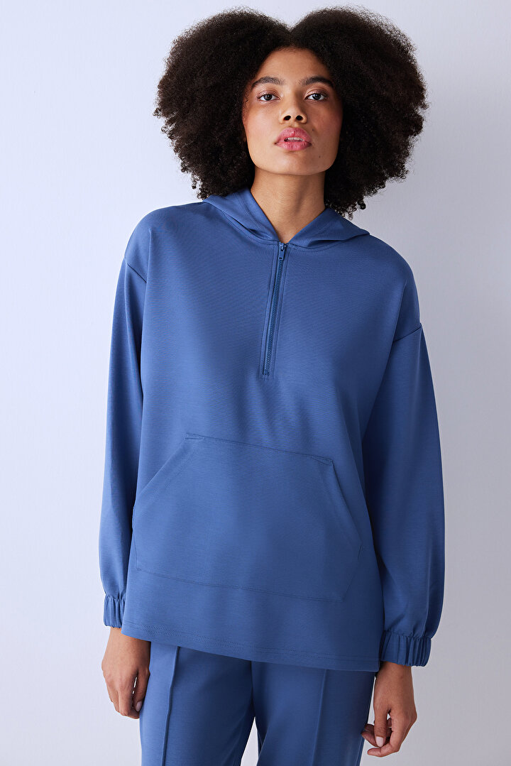 Koyu Mavi Fermuarlı Oversize Silky Touch Sweatshirt - 2