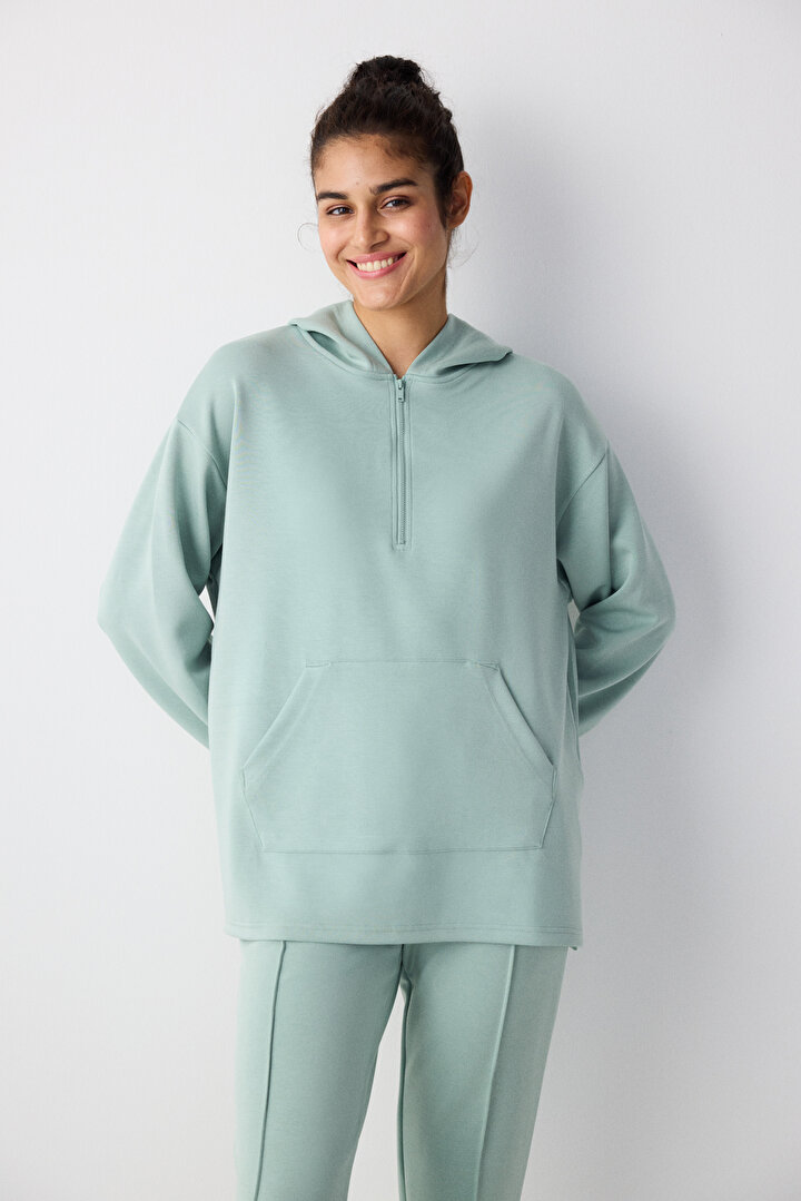 Açık Yeşil Fermuarlı Oversize Silky Touch Sweatshirt - 1