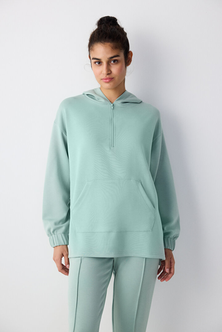 Açık Yeşil Fermuarlı Oversize Silky Touch Sweatshirt - 2