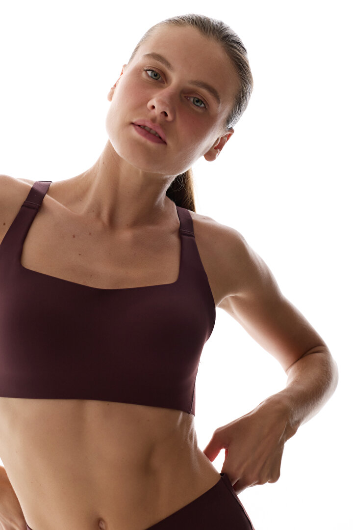 Dark Burgundy Cross Back Fixed Padding Sports Bra - 1