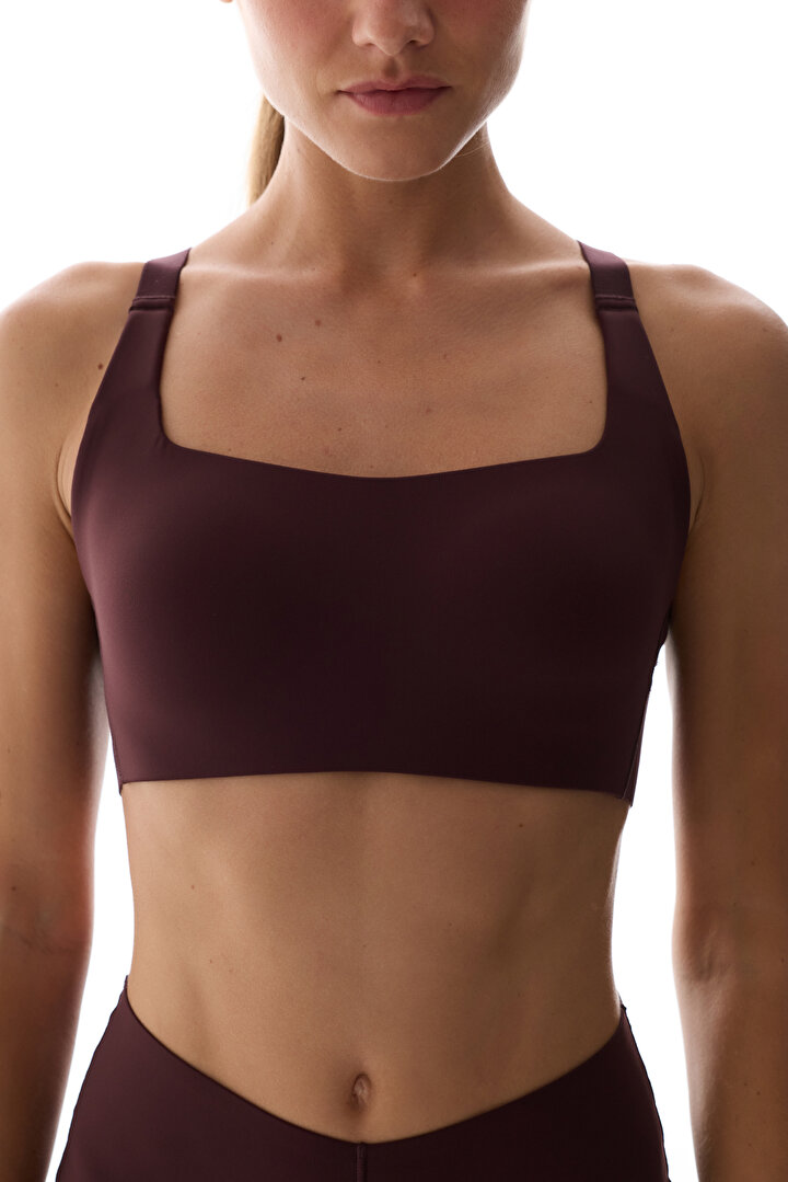 Dark Burgundy Cross Back Fixed Padding Sports Bra - 2