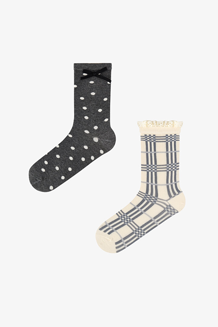 Plaid Lace Ekoseli Pamuklu 2 Çift Soket Çorap - 1