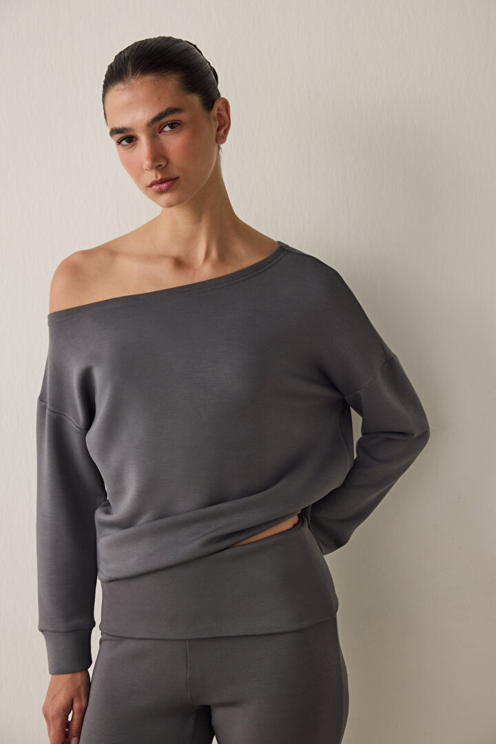 Gri Kayık Yaka Modal Önü Açık Sweatshirt - 1