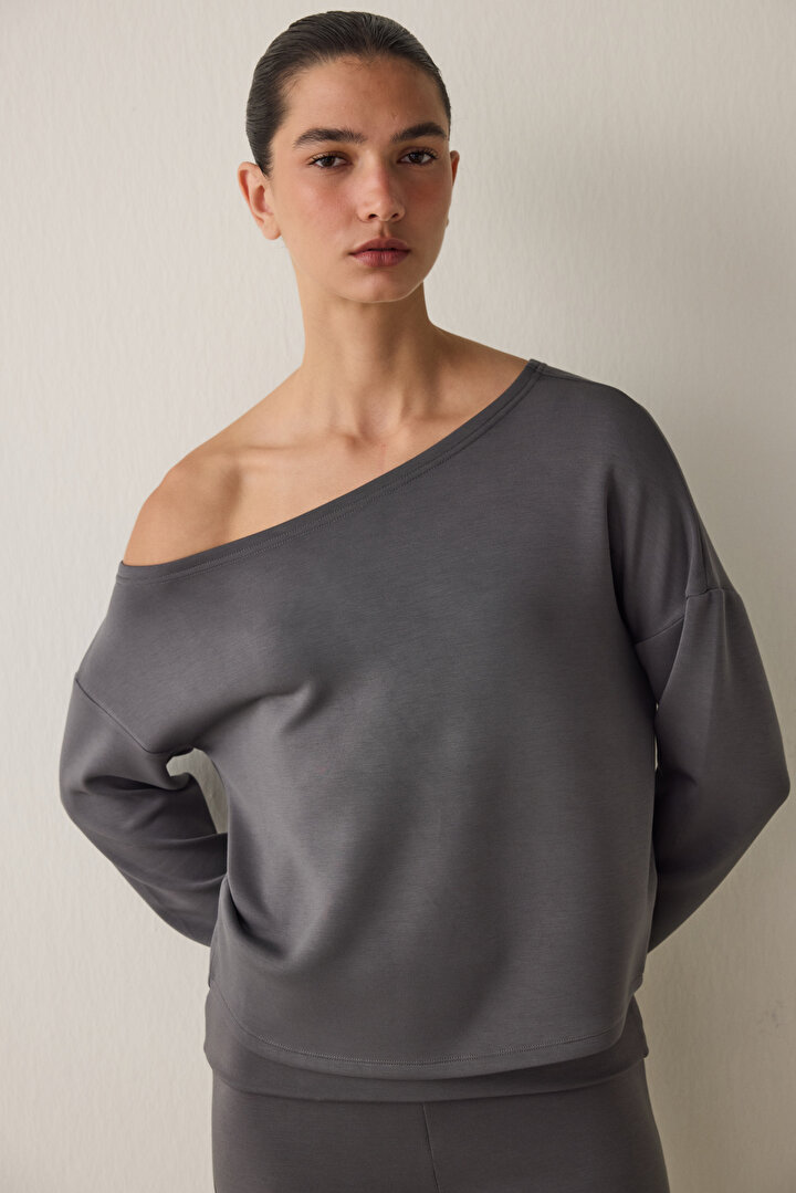 Gri Kayık Yaka Modal Önü Açık Sweatshirt - 2