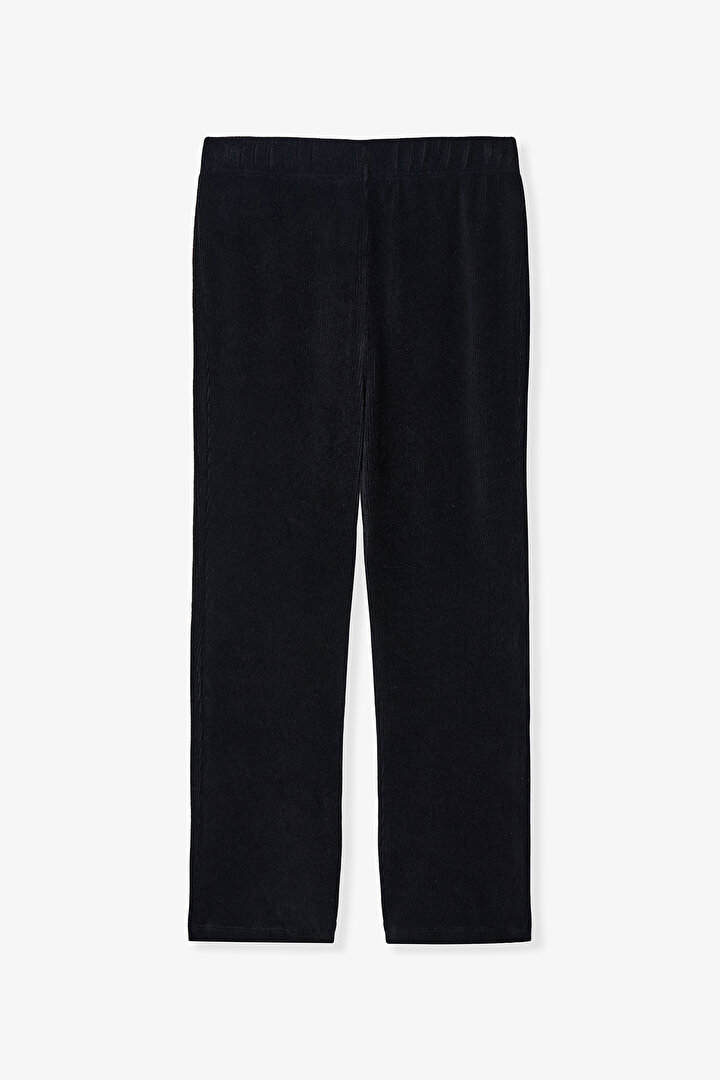 Siyah Kız Çocuk Yüksek Bel Fitilli Kadife İspanyol Paça Tayt - 1