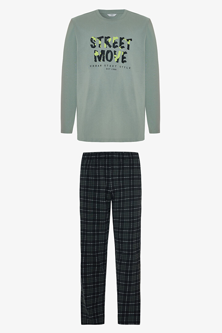 Move Erkek Slogan Baskılı Uzun Kollu Pamuklu Pijama Takımı - 1