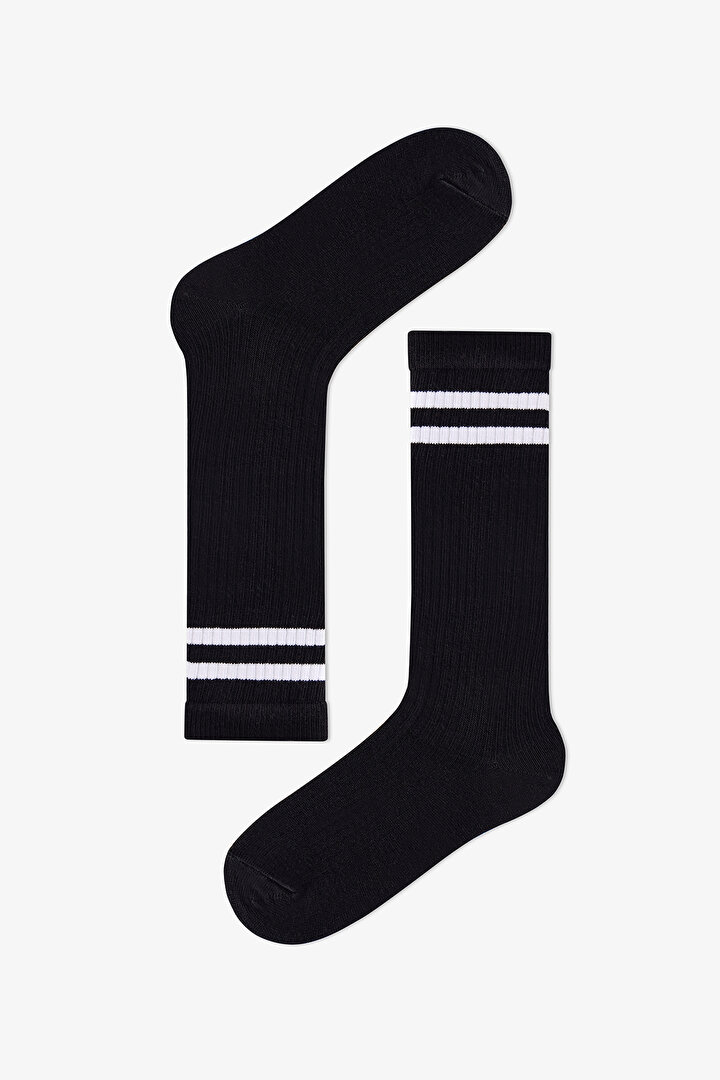 Kız Çocuk Siyah Sporty Black Fitilli Çizgili Pamuklu Pantolon Çorap - 1