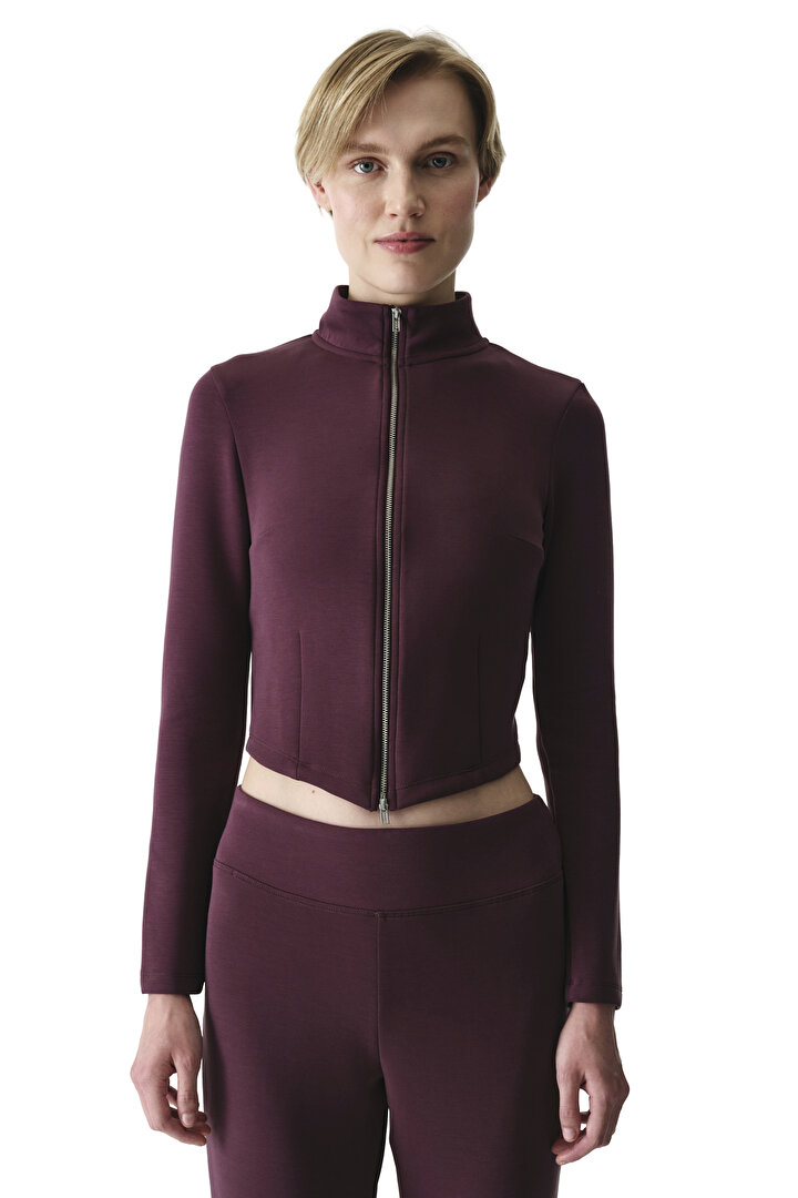 Burgundy Zip Neck Crew Neck Modal Sweatshirt - 1