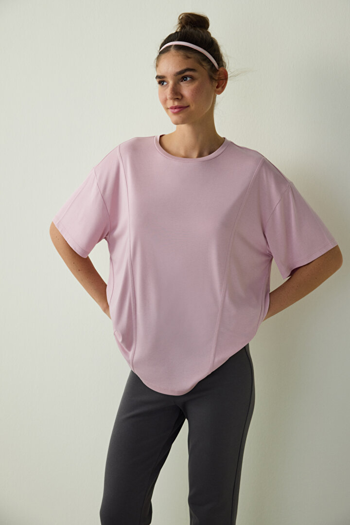 Lila Bisiklet Yaka Dikiş Detaylı Modal Oversize Tişört - 1
