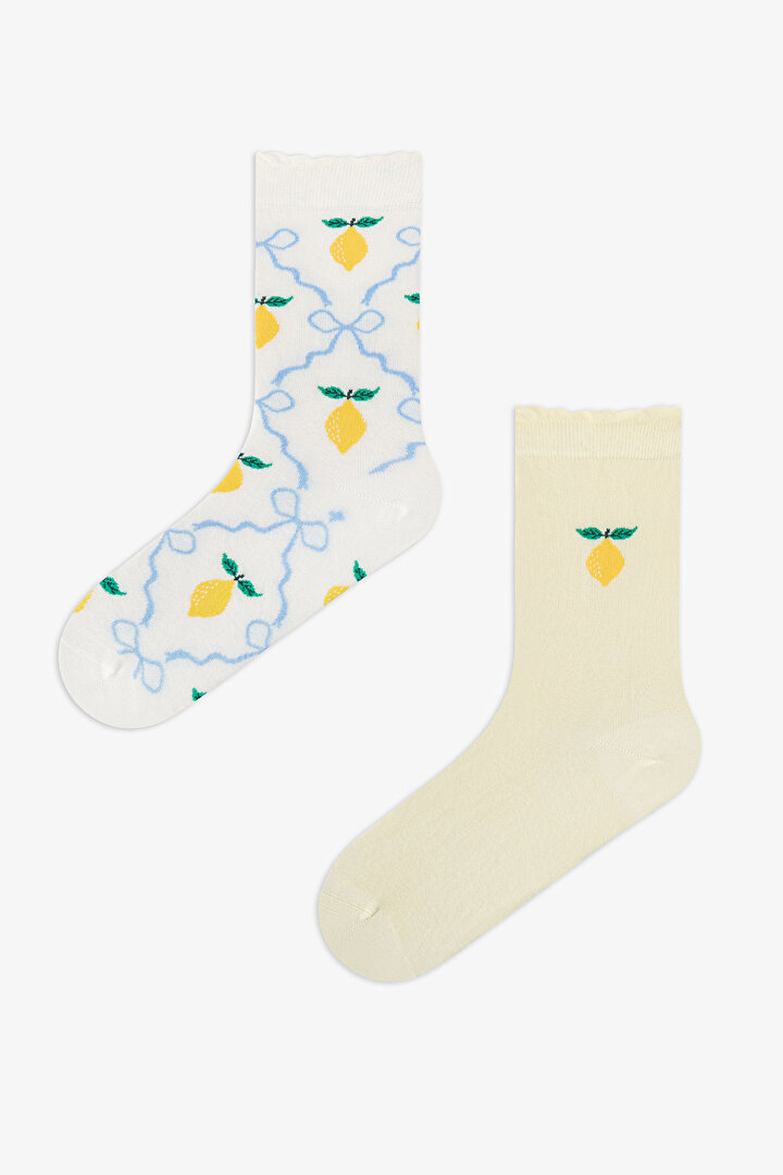 2 Çift Burun Dikişsiz Pamuklu Renkli Limon Desenli Fırfırlı Soket Çorap - 1