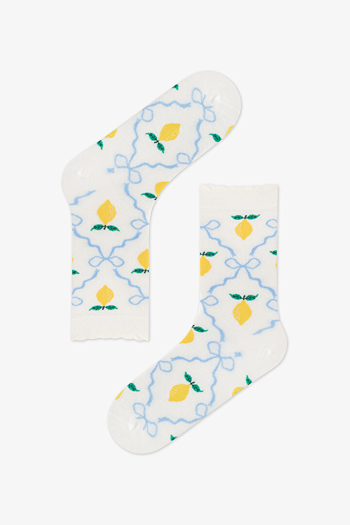 2 Çift Burun Dikişsiz Pamuklu Renkli Limon Desenli Fırfırlı Soket Çorap - 2