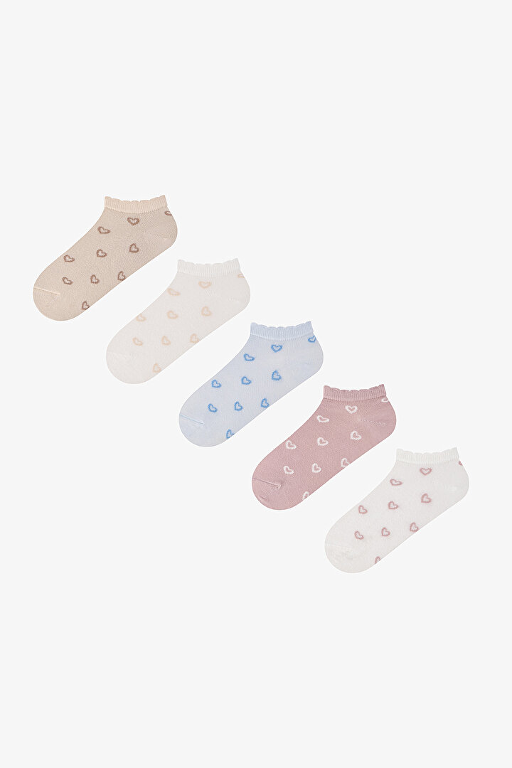 5 Çift Pamuklu Kalp Desenli Fırfırlı Patik Çorap - 1