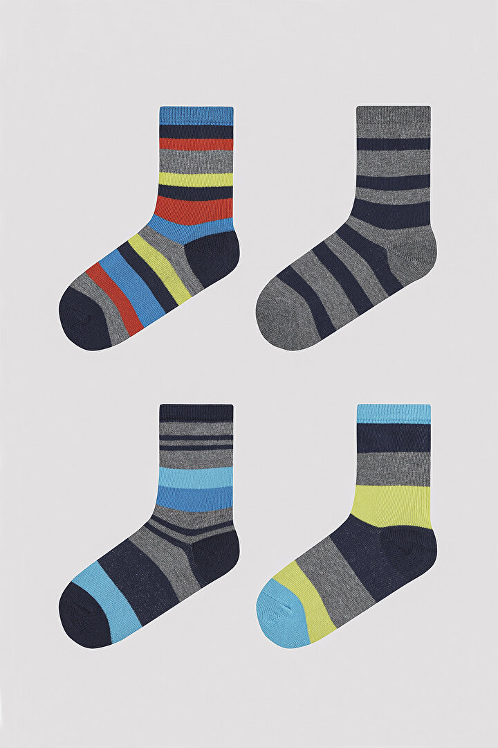 Erkek Çocuk Renkli Çizgi Detaylı 4 lü Soket Çorap - 1