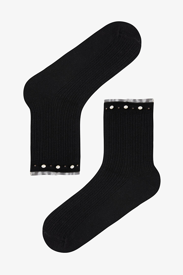 Pamuklu Bilek Kısmı İnci Detaylı ve Tül Fırfırlı Soket Çorap - 1