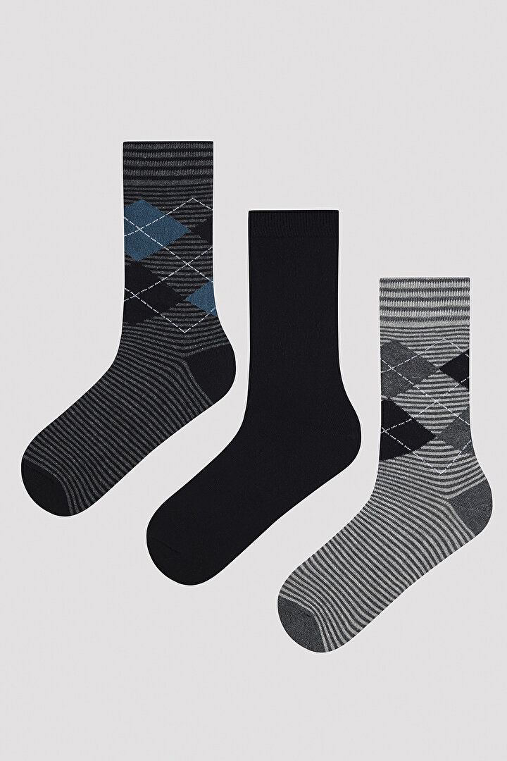 Man Diamond Pattern 3in1 Black-Grey Socks - 1