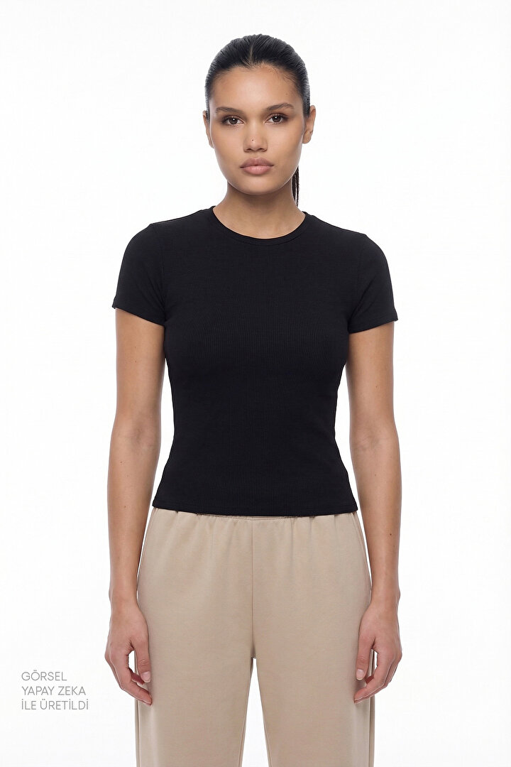 Black Crew Neck Crop T-Shirt - 1